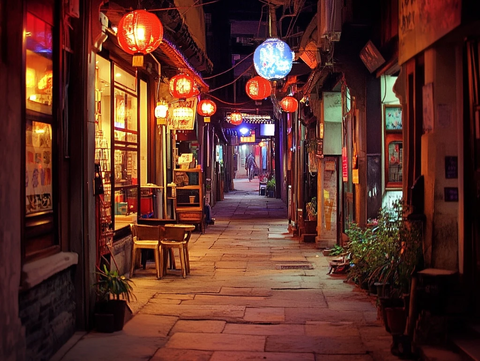 挂满红灯笼的古街夜景