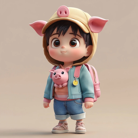 男孩戴猪头帽背猪鼻包