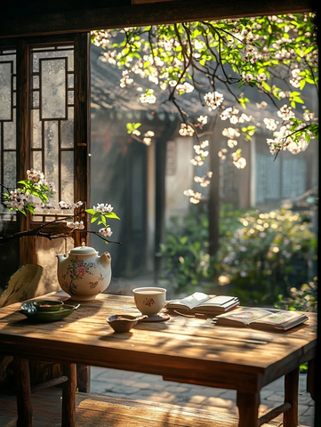 古色古香庭院内桌上的茶具与书籍
