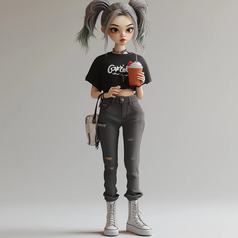 黑发狼剪女孩喝草莓奶昔