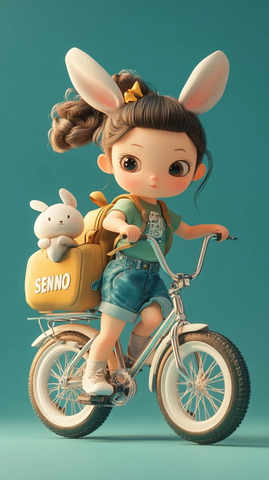 小女孩骑车背兔子背包