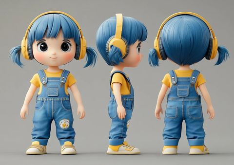 短发女孩耳机背带裤全身