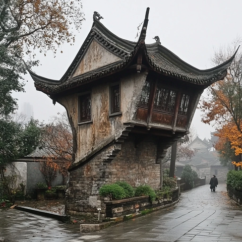 古旧斜顶建筑旁的小路与行人