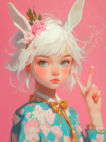 白发女孩头部角向粉背景