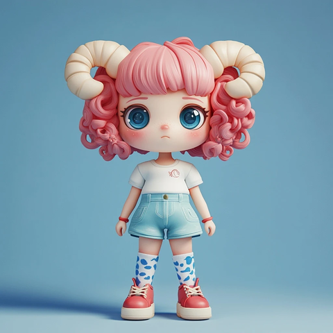 粉色卷发双角盲盒玩具