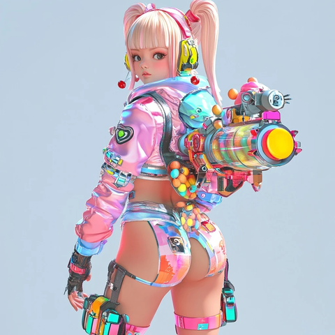 糖果女孩背对回眸手持糖果枪