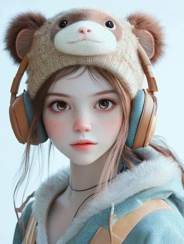 猴子王帽子女孩耳机全身体现