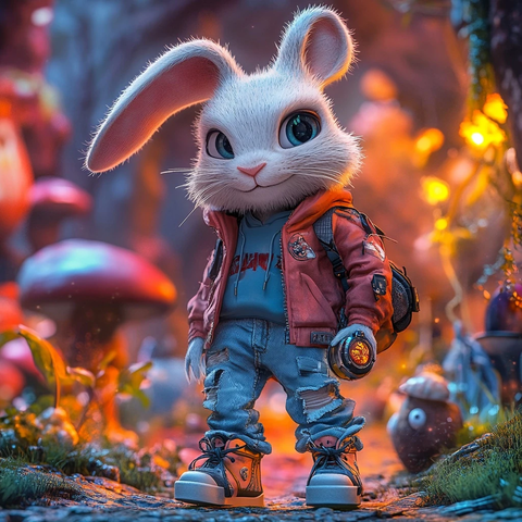 白兔穿潮流服饰持未来手表