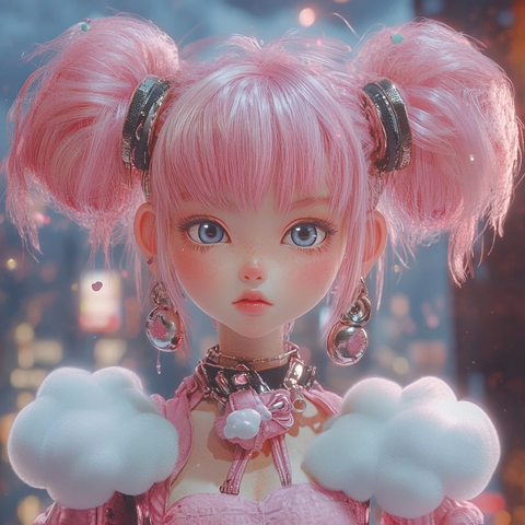 粉色头发玩偶戴云朵耳环