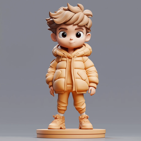 男孩雕塑与蓬松外套