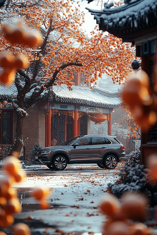 古建筑旁的汽车尽显古典与现代融合之美