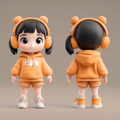 黑发女孩耳机短裤鞋