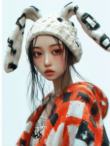 亚洲女孩黑色长发兔耳帽