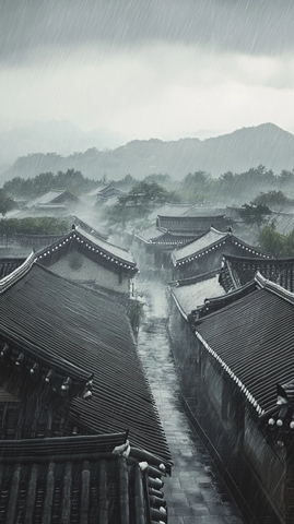 雨中古村落建筑的宁静景象