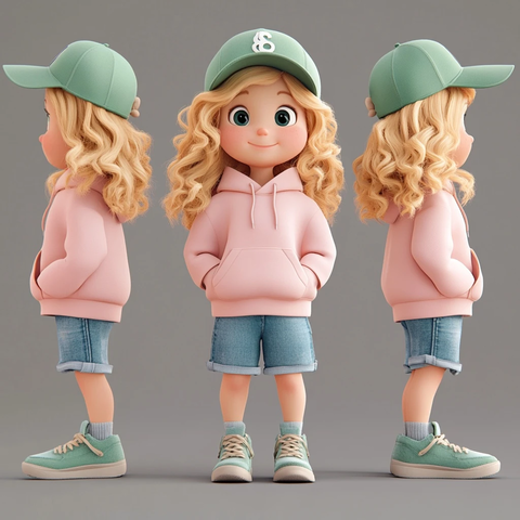 粉色卫衣女孩三个视角图