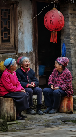 乡村老妇坐家门口亲切闲聊的场景