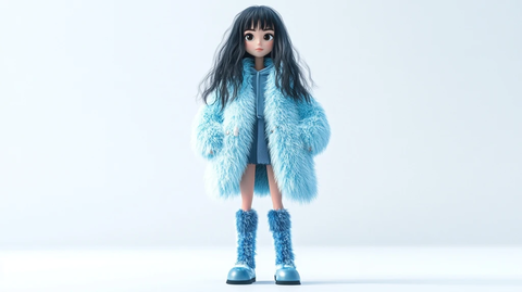糖果色毛绒外套蓝袜卡通少女