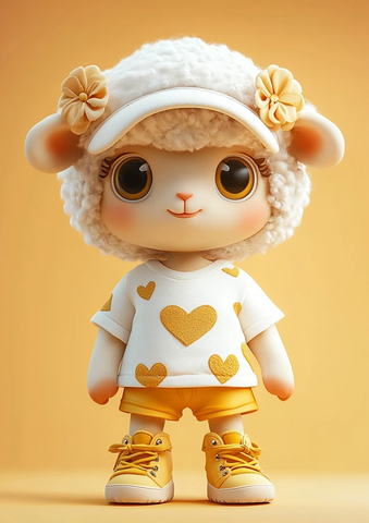 羊角色穿心形衬衫戴花帽