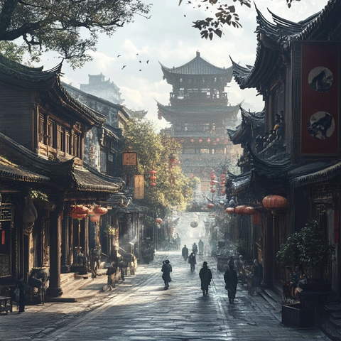 古建筑街道上行人漫步的景象