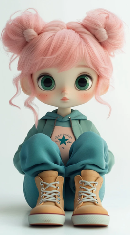 粉色头发娃娃穿匡威鞋坐在地板