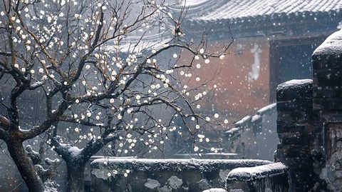 雪中古建筑旁的梅花树景致