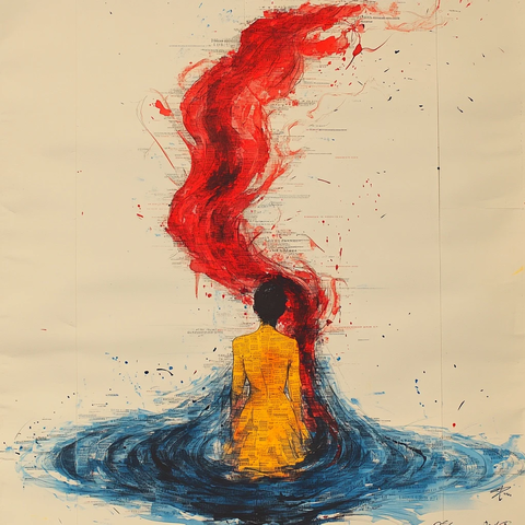 女子沉入字海抽象线绘