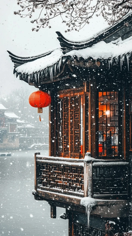 中式古建筑雪景中的红灯笼