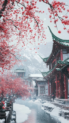 雪中古建筑旁盛开的红梅