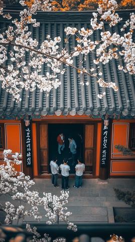 古建筑前赏春花的几人