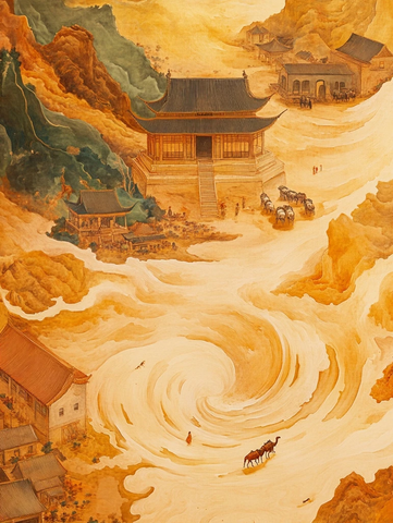 黄沙中的古建与驼队