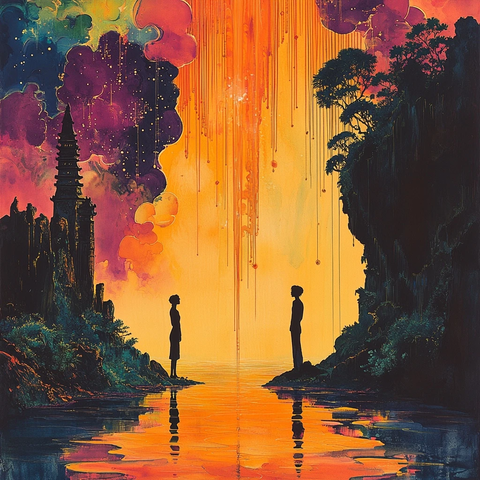 两人河畔对峙静谧屏障