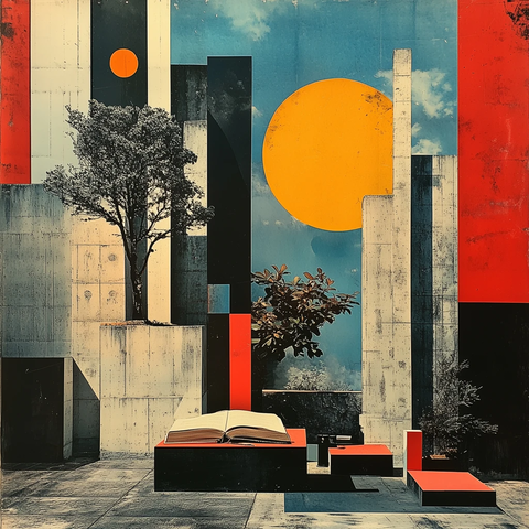 书页翻转建筑植物抽象拼贴