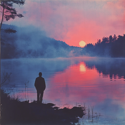 湖畔黄昏孤影思绪