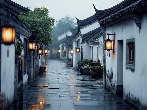 雨中的古巷灯笼点缀的幽静街道