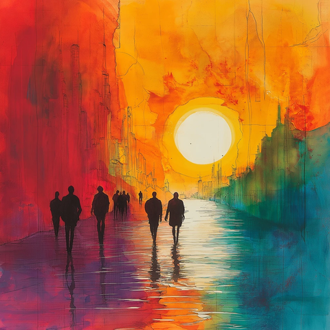 人们走向阳光水墙