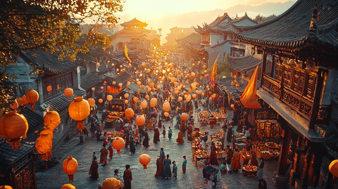 古街灯笼高挂人群熙攘的热闹景象