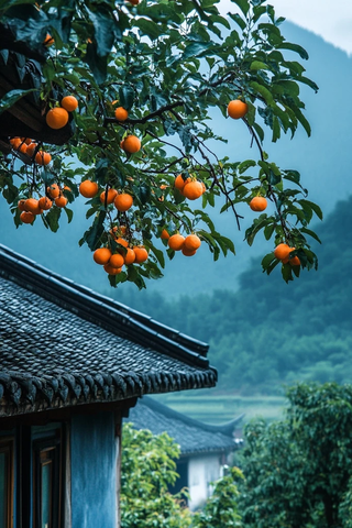 屋顶旁树枝上挂满果实的乡村风景
