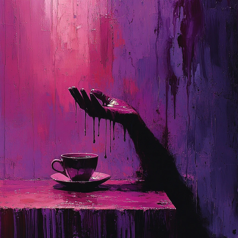 手握咖啡杯油彩滴落