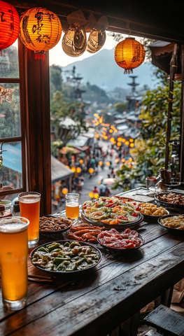 摆满美食的餐桌旁可俯瞰热闹街道