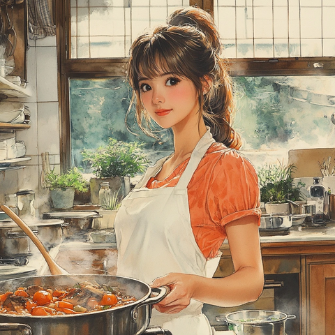 女子穿围裙炒狮子头