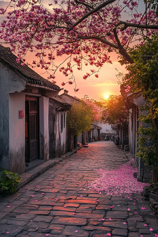 古巷石板路夕阳下满是花瓣的唯美景象