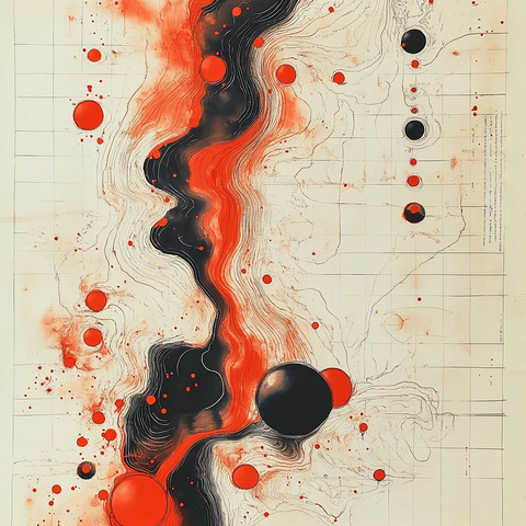 红点线条地形水墨画