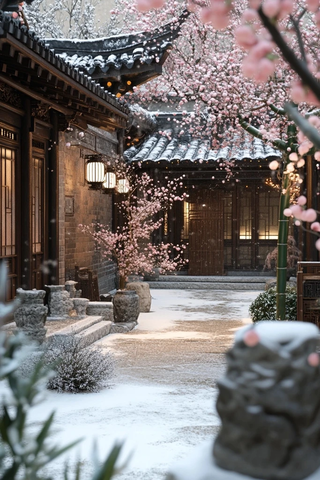 雪中古院赏景粉花映雪别具韵味