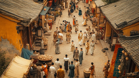 古装人群在古街中行走的热闹场景