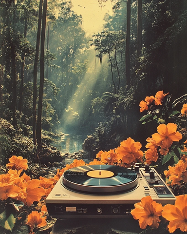 丛林植物环绕黑胶唱机