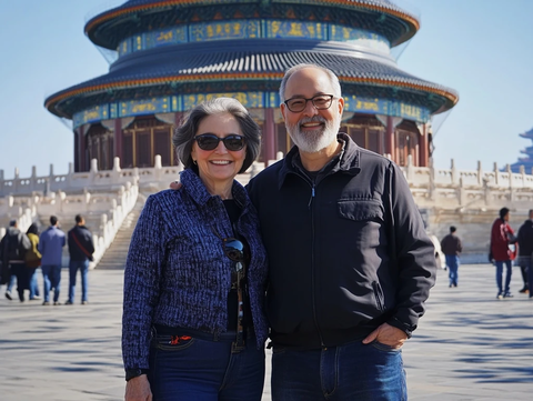 天坛前的一对老年夫妇合影