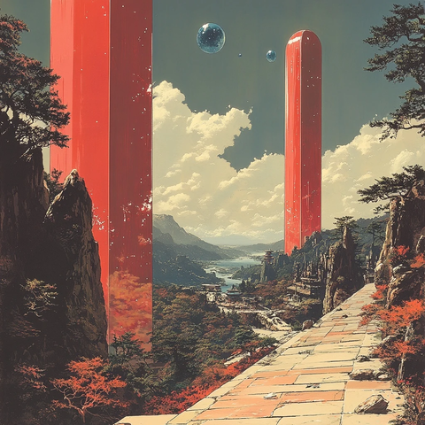 红色石碑蓝色球形机器人武士