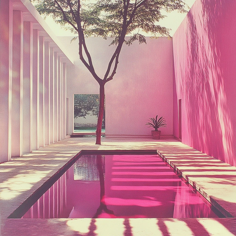 白色墙柱与反射池庭院