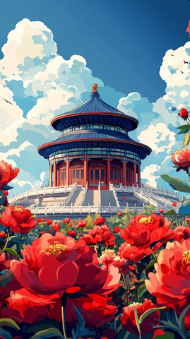 天坛建筑与盛开牡丹的唯美组合