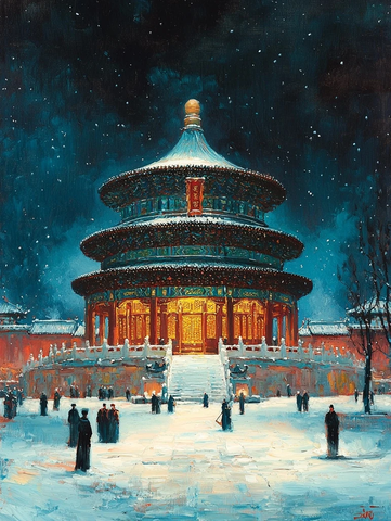 雪夜中的天坛建筑全景